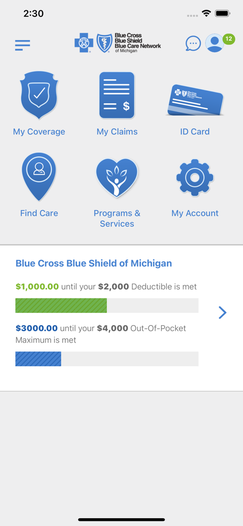 BCBSM - BCBSM mobile app dashboard showing health insurance coverage and deductible progress