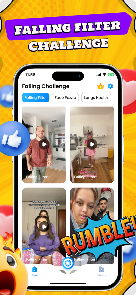 Falling Filter: Challenge - Main interface of the Falling Filter Challenge app featuring various video effects and challenge categories.