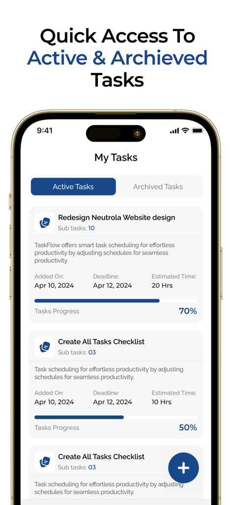 School TaskFlow - Task manager - Interface of the School TaskFlow app showing a list of active and archived tasks with progress bars and deadlines