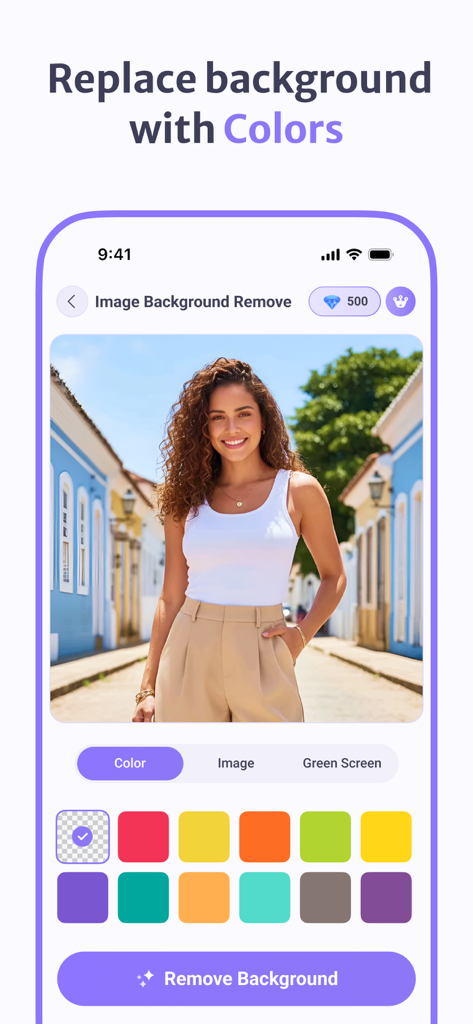 Interfaccia dell'app Photo and Video BG Remover che mostra come sostituire lo sfondo di un ritratto con vari colori solidi.