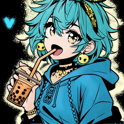 hot baddie anime girl drinking boba and biting the straw