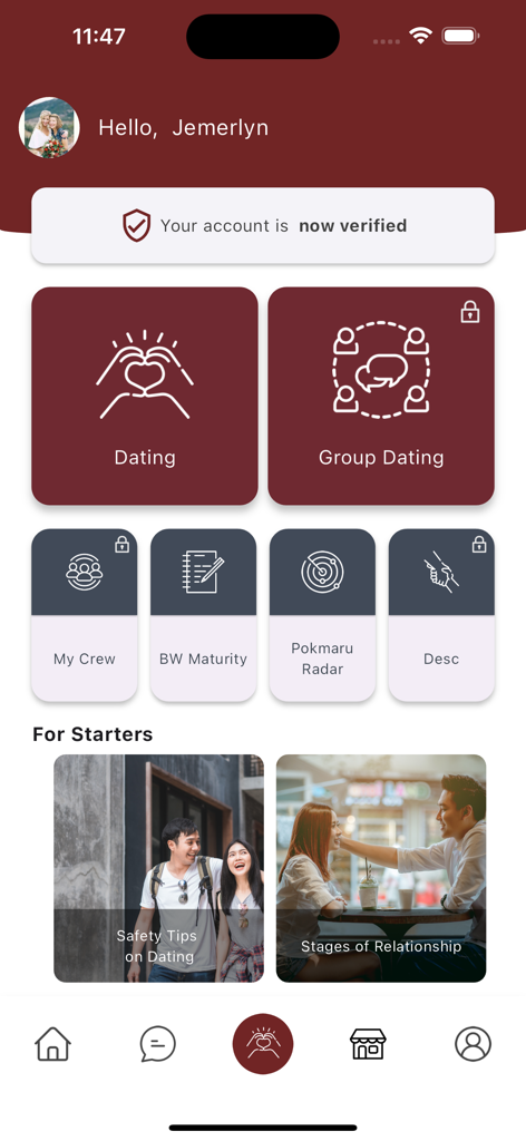 Boiling Waters - Boiling Waters app home screen showing a verified user profile with menu options for dating, maturity series, and relationship tips.