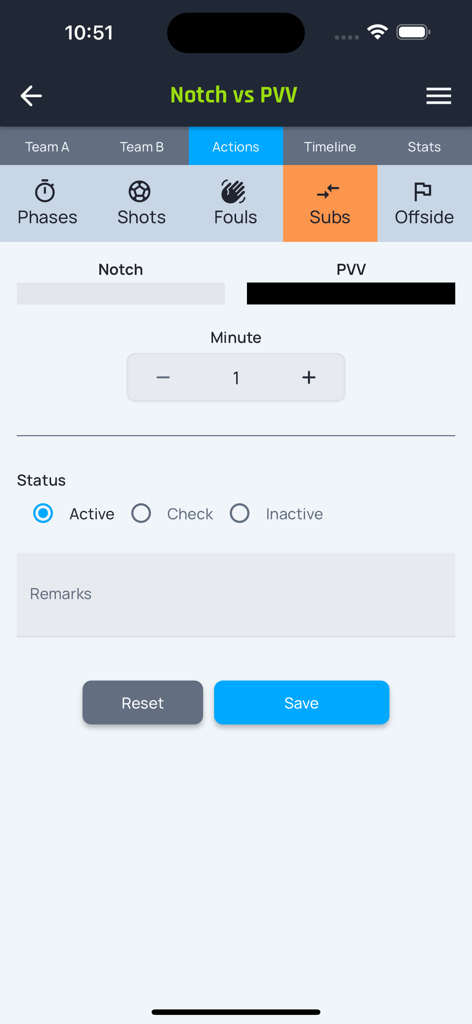 SML Manager - Interface for recording player substitutions during a soccer match in the SML Manager app.