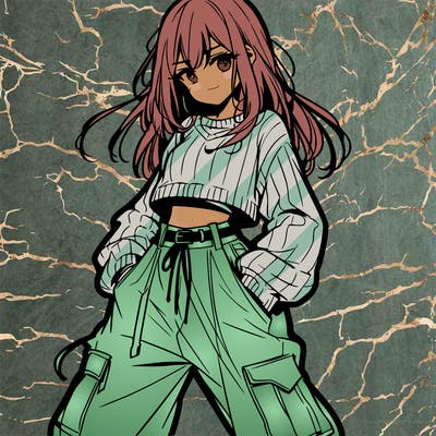 anime teen girl with baggy pants and crop top with sweater