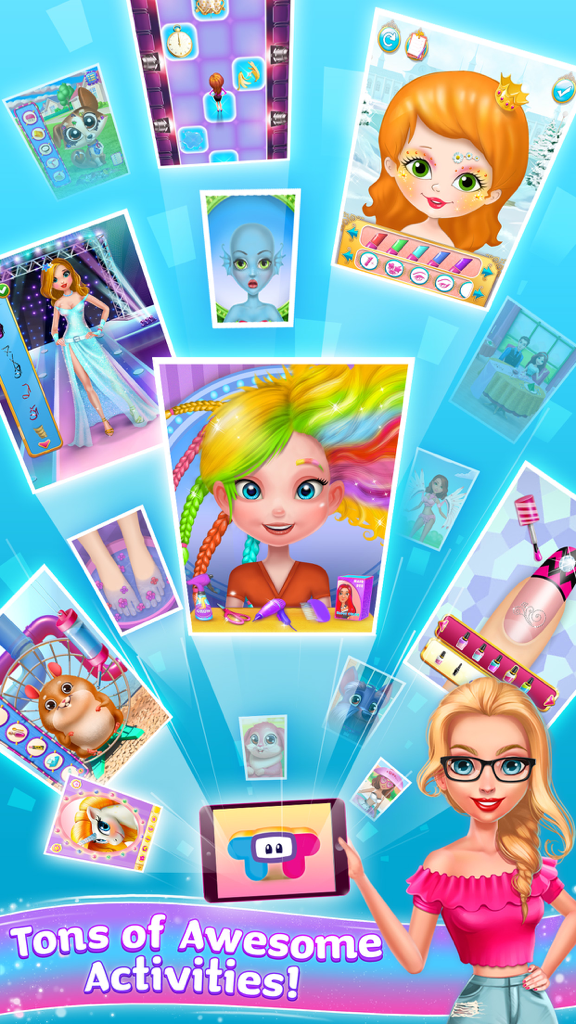 Game Islands - Play All Day - Screenshot of Game Islands app showing various activities like hair styling, dress up, and pet care.