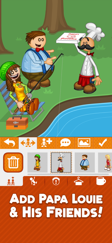Papa Louie Pals - A custom scene in Papa Louie Pals showing characters fishing and holding pizza in a park