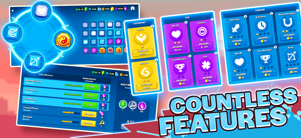 L'interface du jeu Stick Fight Shadow Warrior 3 affichant des cartes d'amélioration, des missions quotidiennes et des menus de progression de personnage.