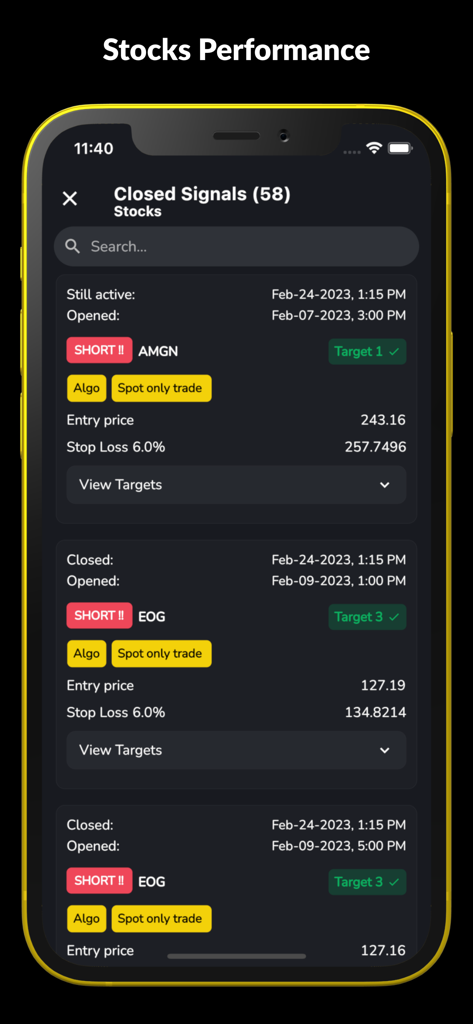 Interface do aplicativo Signalbyt exibindo uma lista de sinais de trading de ações fechados com dados de desempenho