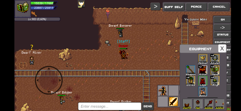 Delta Mmorpg - 2D 픽셀 아트 MMORPG 게임 플레이 장면으로, 베르다나이트 광산에서 투구와 갑옷과 같은 장착된 아이템이 있는 캐릭터 메뉴를 보여줍니다.