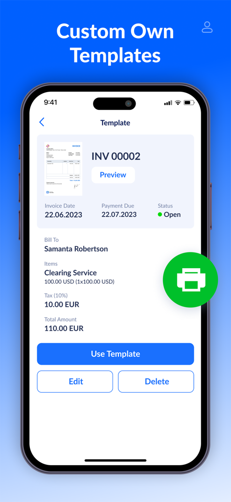 Invoice Maker - Generator App - Tela de smartphone exibindo um modelo de fatura profissional personalizado com detalhes de faturamento e impostos.