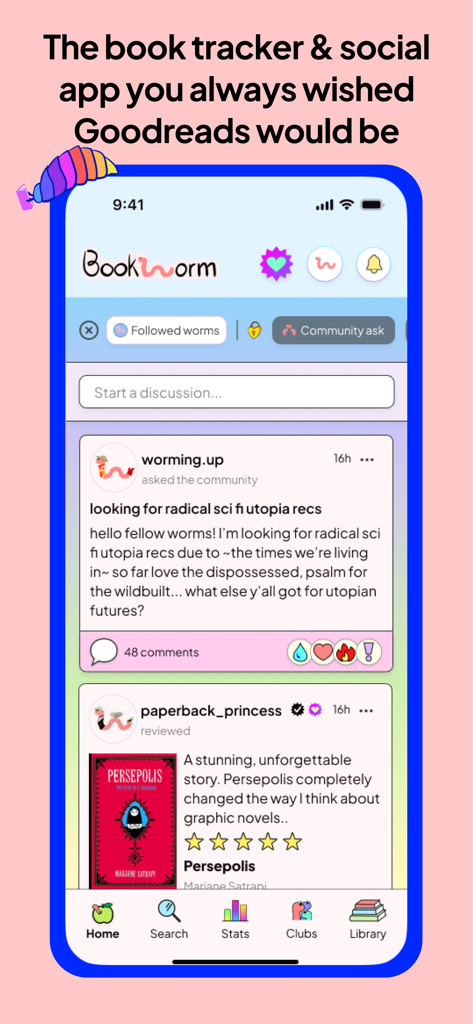 Bookworm Reads - Bookworm Reads app interface showing a social feed with book recommendations and reviews