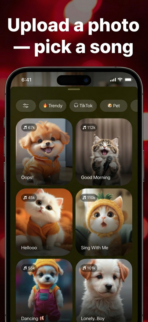 Pet Videos: Cat,Dog Translator - 猫や犬の写真にアニメーションを付けるためのトレンド音楽テンプレートのグリッドを示すPet Videosアプリのスクリーンショット