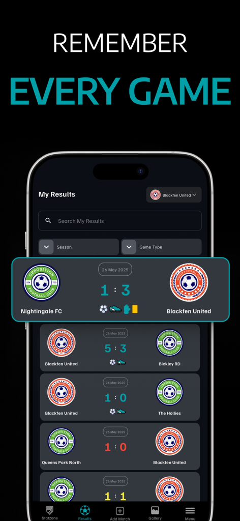 STATZO Football stats tracker - A smartphone display showing a list of soccer match results and scores in the STATZO app
