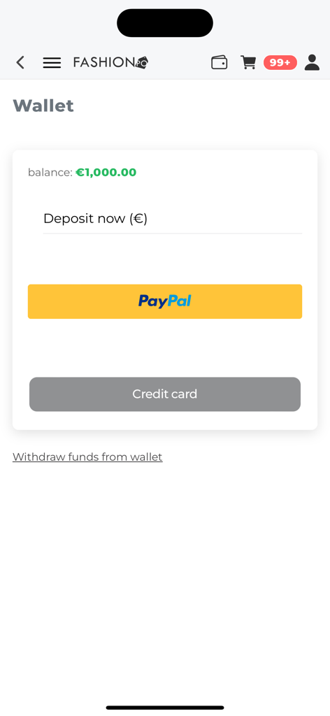 FashionPo - Schermata del portafoglio dell'app FashionPo che mostra il saldo e le opzioni per depositare fondi tramite PayPal o carta di credito