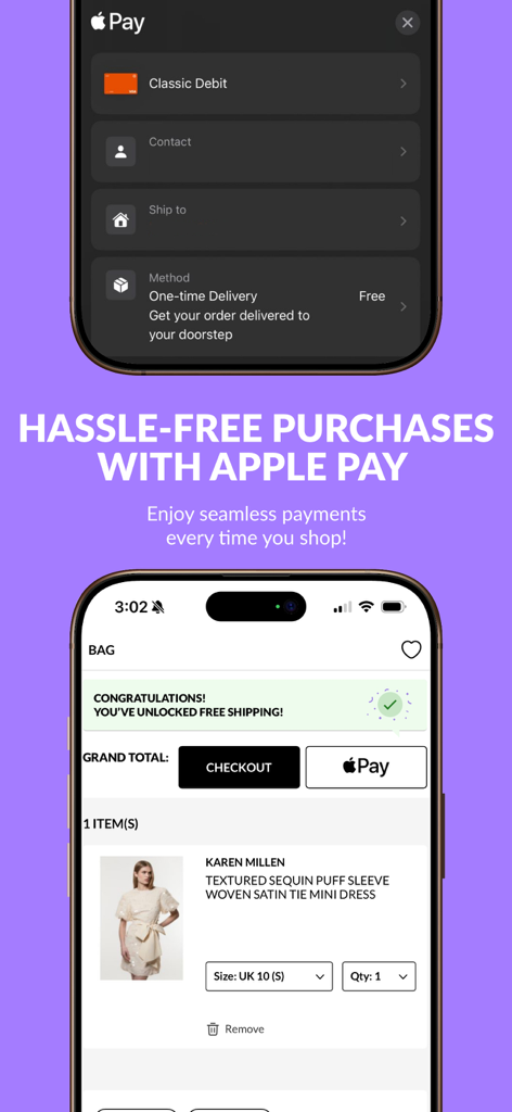 VogaCloset app interface showing Apple Pay checkout and free shipping notification