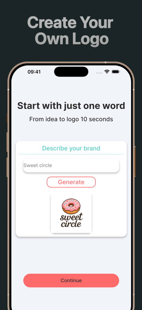 Kittl AI Studio — Logo Design - Écran de l'application mobile montrant un logo de donut généré pour la marque Sweet Circle