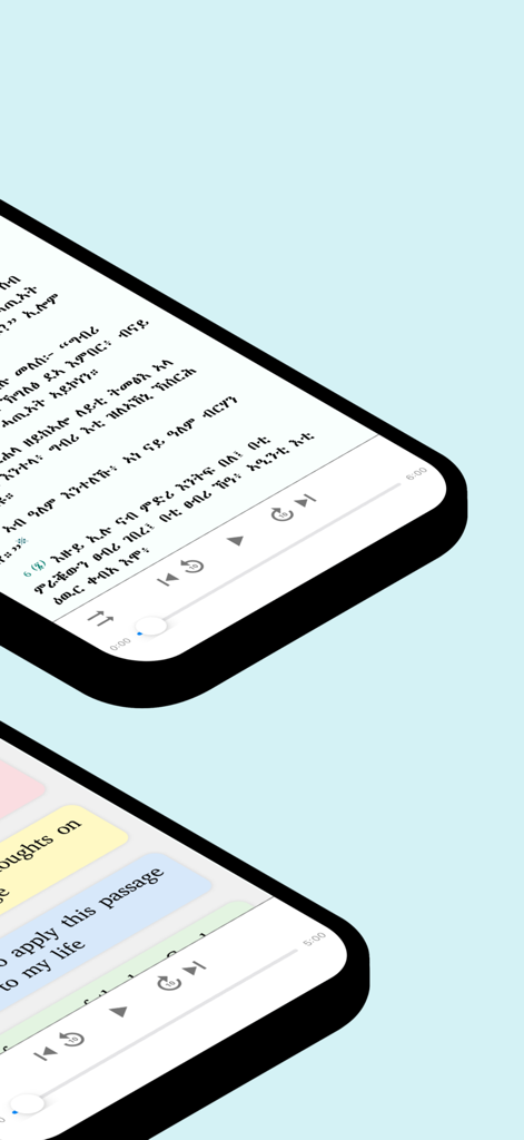 Geez Tigrigna Bible app interface showing audio player and study notes