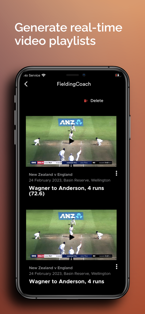 NV Play Pitchside Analytics - A smartphone screen displaying a real-time cricket video playlist for coaching analytics