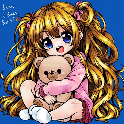 manga girl, long curly hair, happy, cuddling a teddy bear