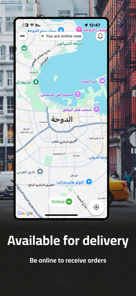 RideGo Driver App - Aplicación RideGo Driver que muestra una interfaz de mapa con el estado del conductor en línea y disponible para pedidos de entrega