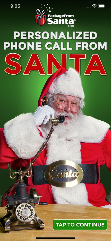 Personalized Call from Santa - Screenshot of Personalized Call from Santa app featuring Santa Claus on a vintage telephone with a green background