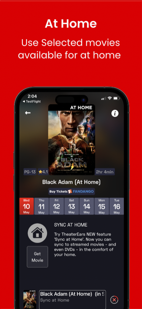 TheaterEars - TheaterEars mobile app screen showing the Sync at Home feature with the movie Black Adam selected