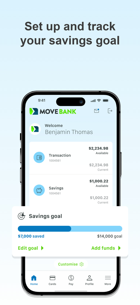 MOVE Bank App - MOVE Bank mobile app dashboard showing transaction and savings account balances with a savings goal progress bar