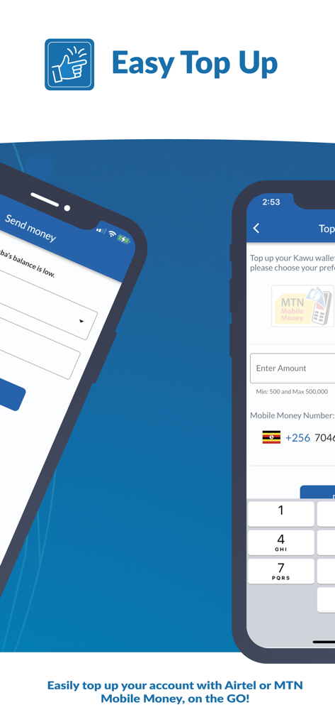 Kawu - Interface do aplicativo Kawu mostrando o recurso de recarga fácil usando serviços de dinheiro móvel