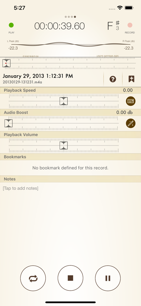 Playback screen of Voice Record Pro 7 app showing audio speed and volume adjustment sliders
