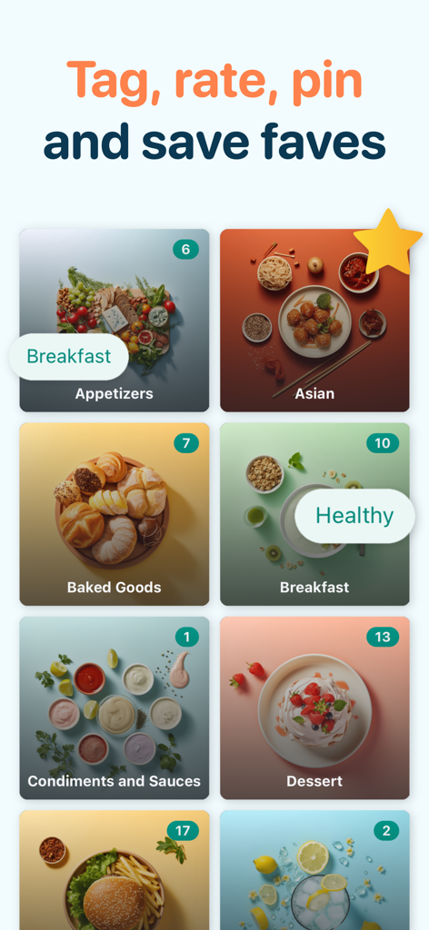 Interfaz de la aplicación CookBook que muestra categorías de recetas organizadas como Asiática, Productos Horneados y Postres con etiquetas