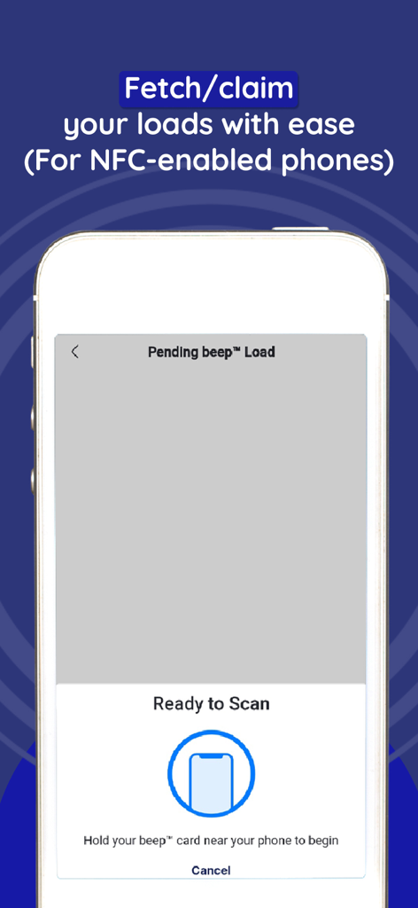 Beep app screen showing how to scan a transit card using NFC to fetch loads