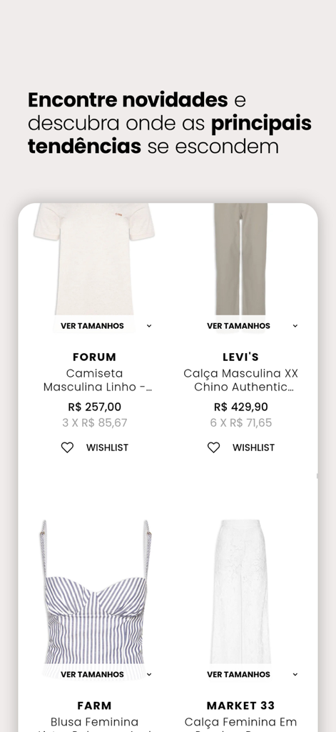 OQVestir - Interface do aplicativo móvel OQVestir mostrando itens de vestuário em alta de marcas como Levi's e Farm