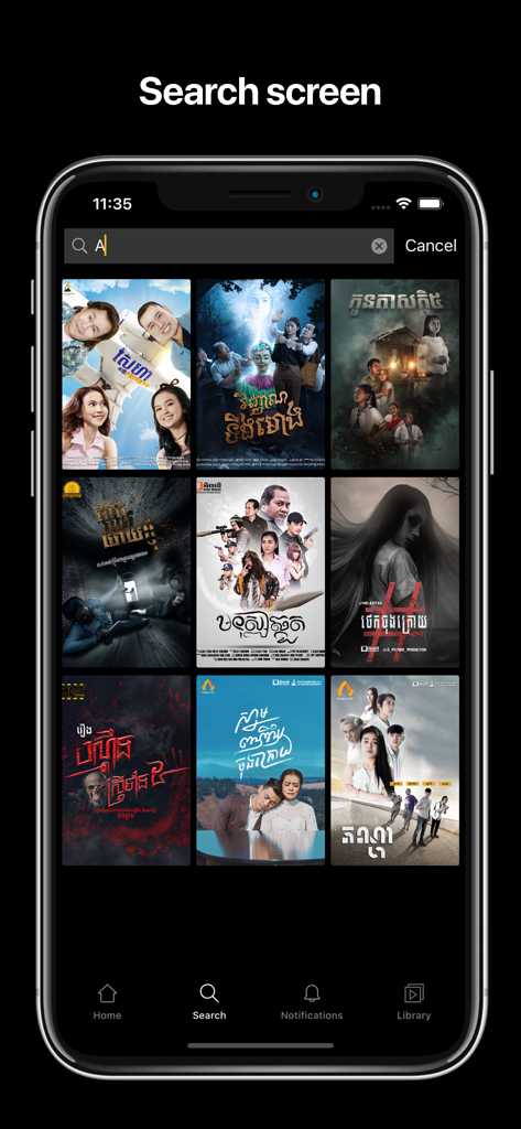 Search screen of the Angkor DC app showing a grid of Cambodian movie posters