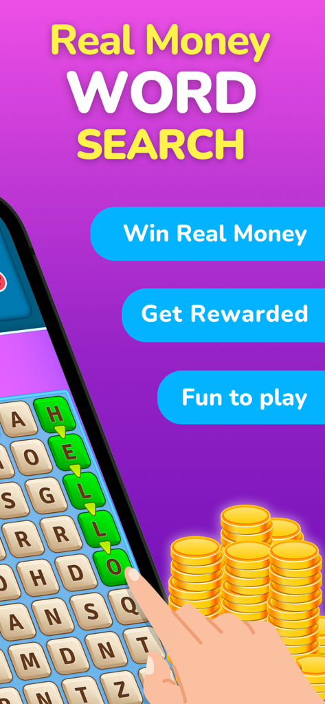 Real Prizes Word Search Game - Uma pessoa jogando um quebra-cabeça de busca de palavras em um celular com botões para ganhar dinheiro real e pilhas de moedas de ouro.