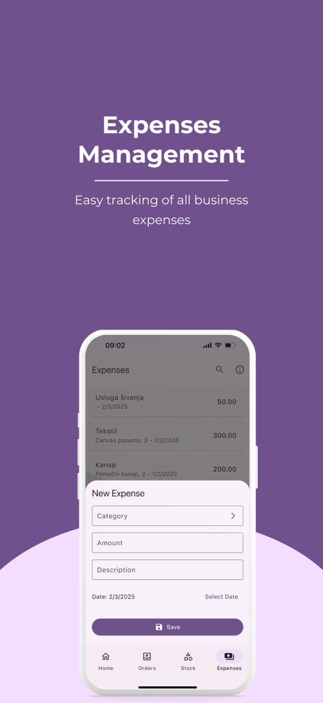 My Little Business App - Small business expense management screen showing a list of recent costs and a new expense entry form