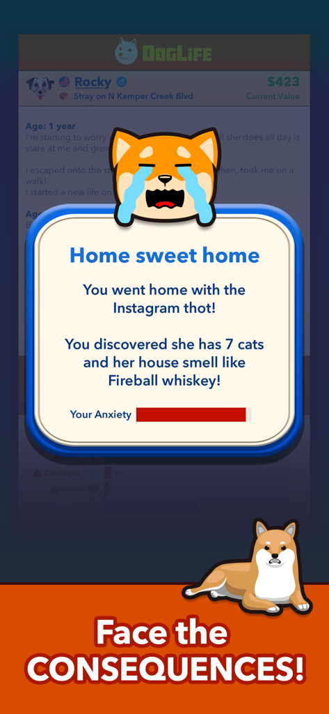 Screenshot of DogLife showing a humorous life event with an anxious dog and text descriptions