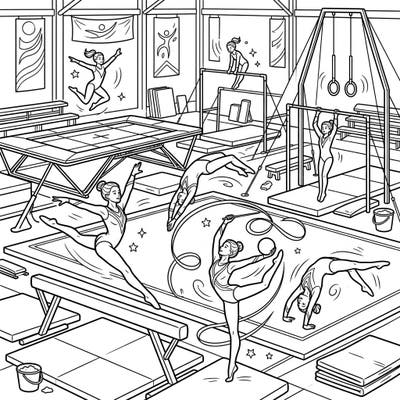 Experience the excitement of a full gymnastics meet with this vibrant coloring page featuring talented female athletes. From balance beam routines to trampoline flips, there's a world of athletic artistry waiting for your colors.