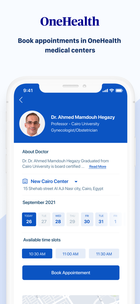 OneHealthメディカルセンターの医師プロフィールと予約オプションが表示されたモバイルアプリ画面。