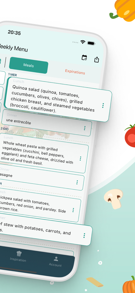 Weekly Menu - Wochenmenü-App zeigt einen organisierten Zeitplan für tägliche Mahlzeiten und Rezepte.
