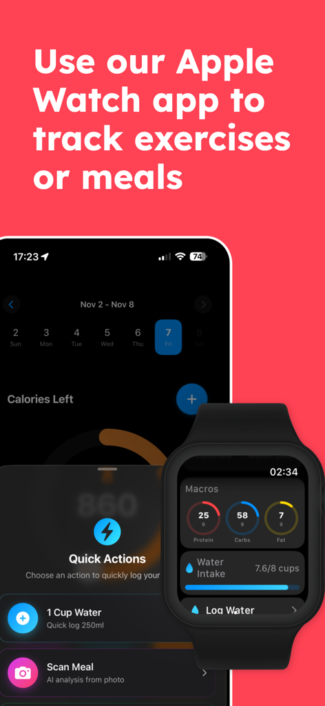 Insane - AI Cal Fit Tracker - Screenshot of Insane app showing Apple Watch interface for tracking macros and water intake alongside the iPhone quick action menu.