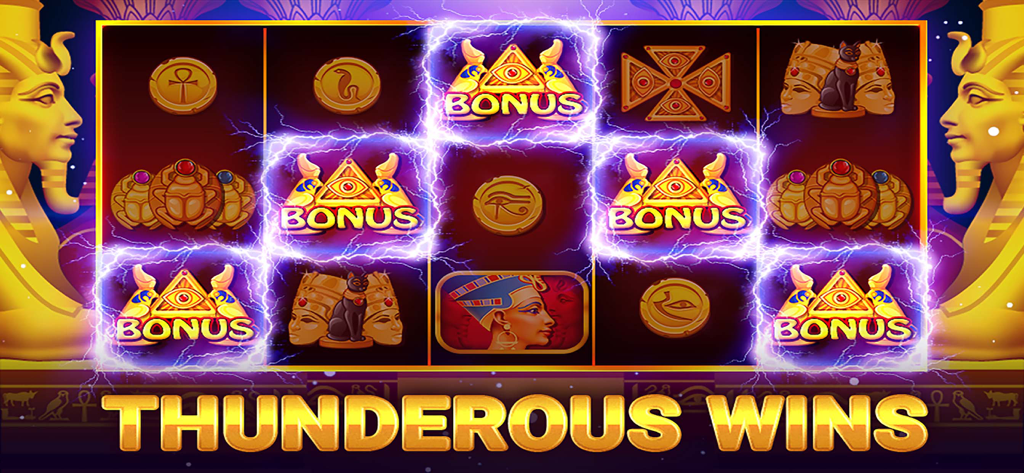Casino World: Video Slots - Interfaz de máquina tragamonedas de temática egipcia con símbolos de bonificación de trueno
