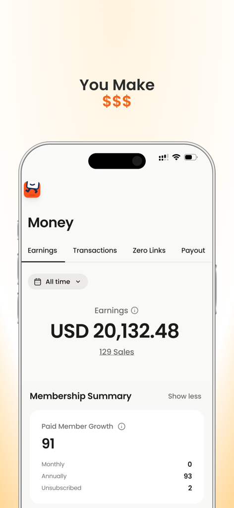 Nas.io App-Verdienst-Dashboard mit über zwanzigtausend Dollar Umsatz und Mitgliederwachstum