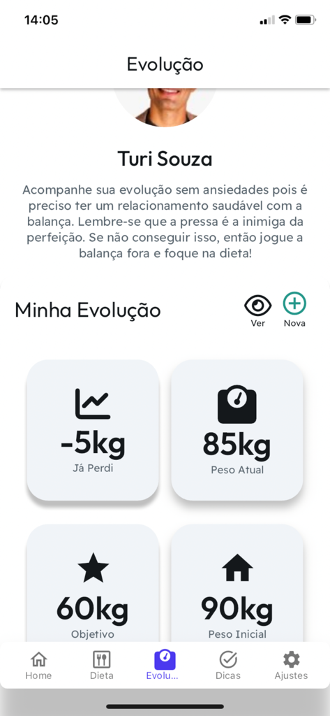 Desafio Diabetes - Low Carb - Mobile app screen showing weight loss evolution metrics including initial weight, current weight, goal, and total weight lost.