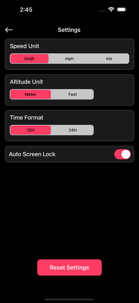 Speedometer - GPS Speedometer - Settings menu for the GPS Speedometer app showing unit options for speed and altitude