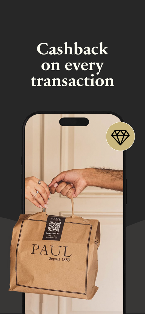 A smartphone screen from the Paul Arabia app promoting cashback on every transaction with a branded bakery bag