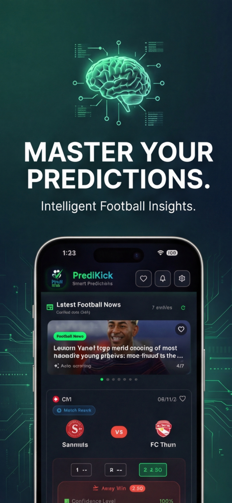 AI Football Tips – PrediKick - A promotional image for the PrediKick app showing its AI-powered football predictions and match insights interface on a smartphone
