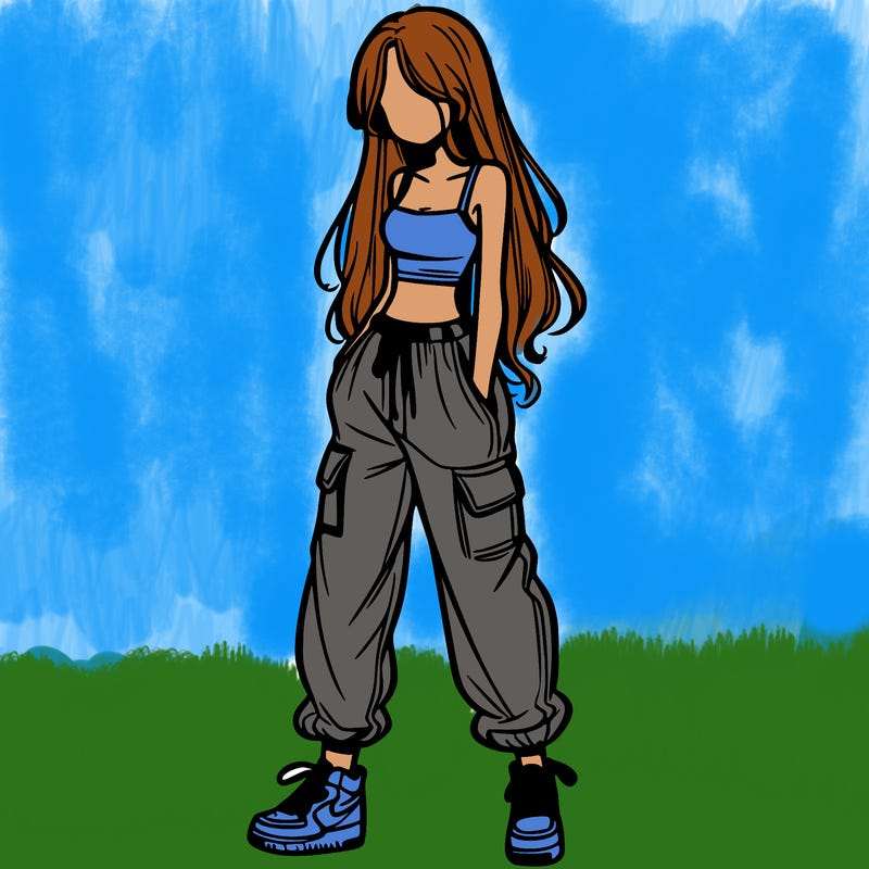 girl in baggy pants crop top and long hair