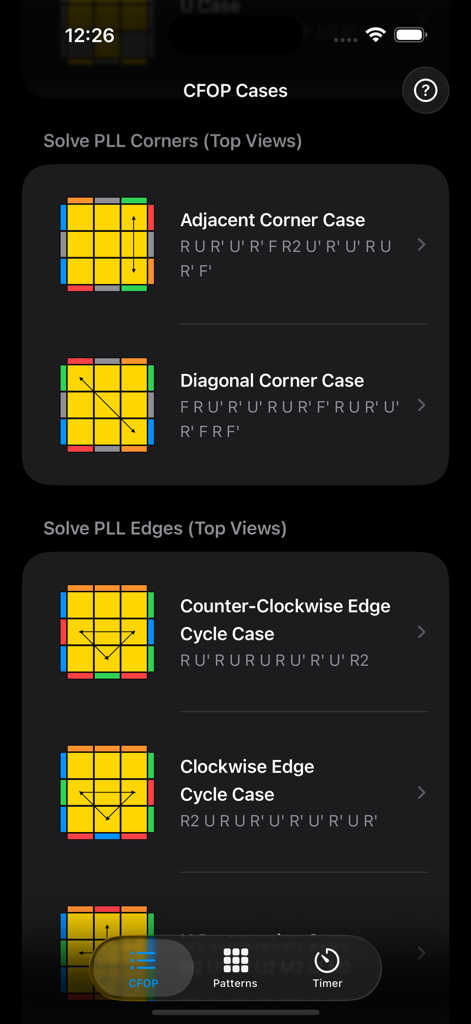 Interface showing PLL corner and edge cases with Rubiks cube diagrams and algorithms