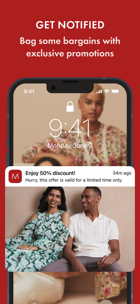 Matalan - Online Shopping - A smartphone lock screen showing a Matalan app push notification for a 50 percent discount offer.