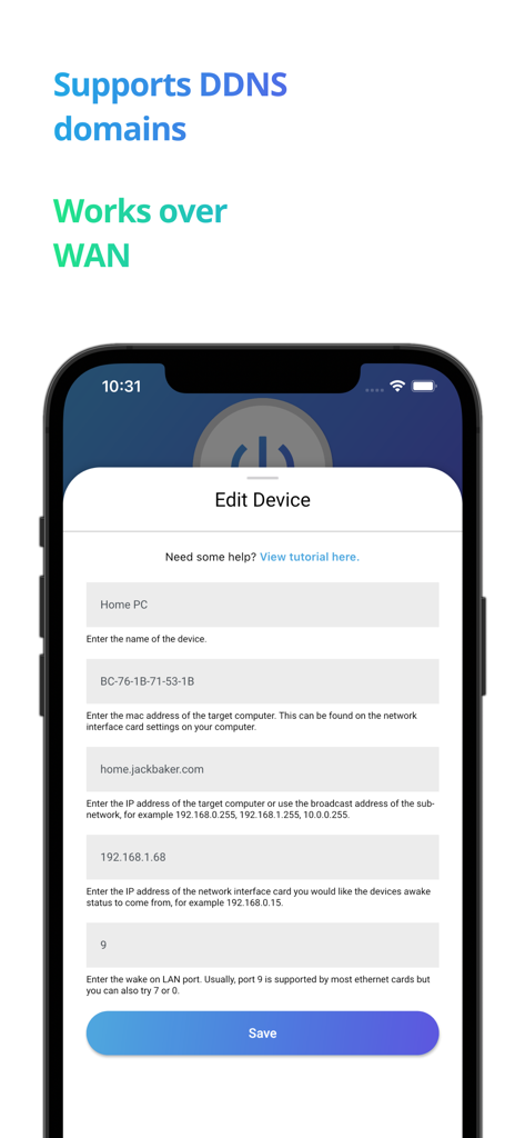 Wolow app screen for editing device configuration including DDNS and WAN support